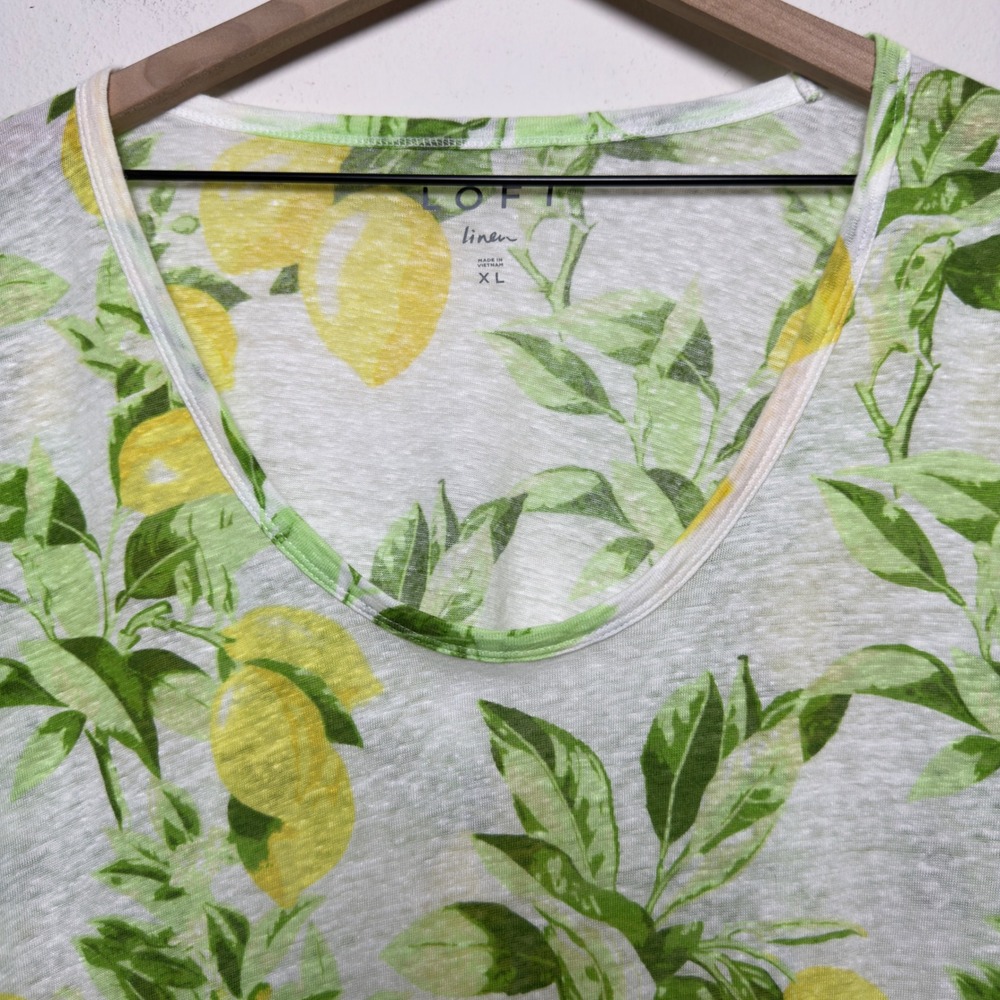 LOFT Women 100% Linen Tee XL White Yellow Green Lemon Print Short Sleeve Novelty - Picture 2 of 7